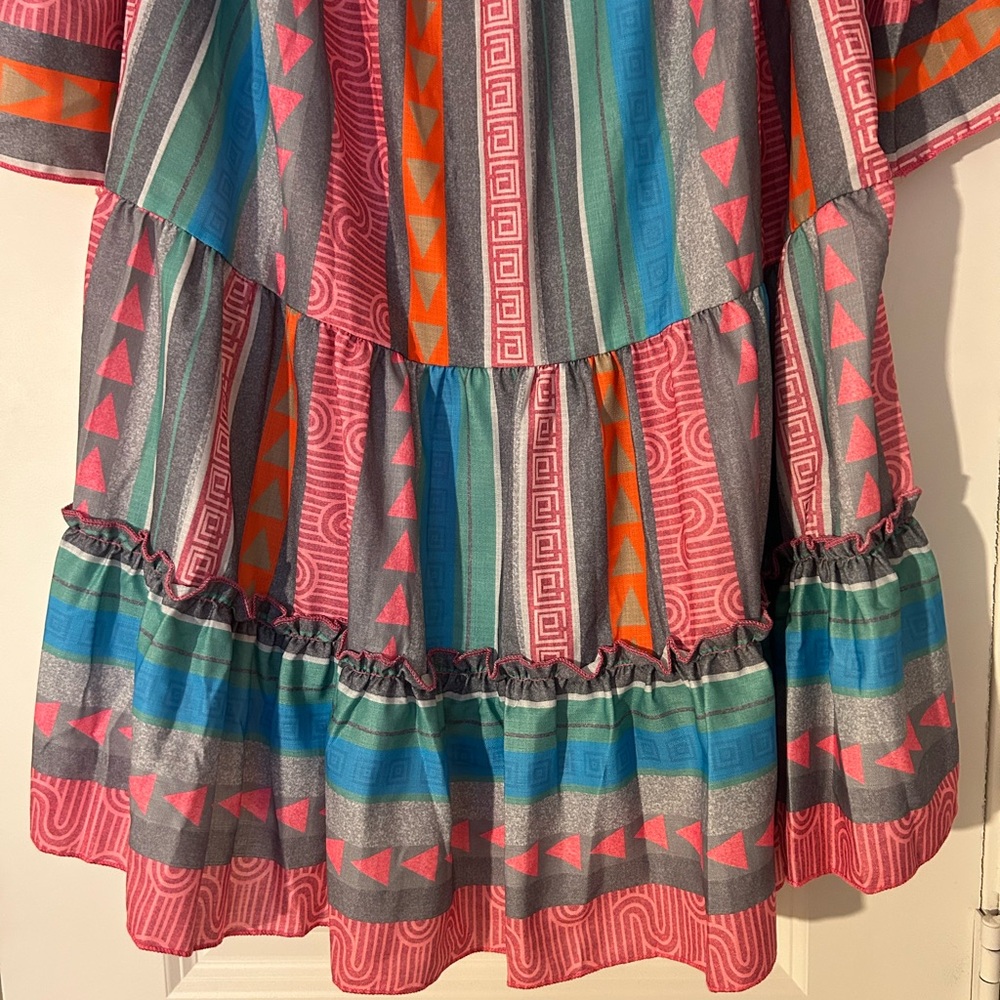 Multi-color, Off-the-shoulder, Tiered dress with a Ruffled Hem and Sleeves - Picture 6 of 9
